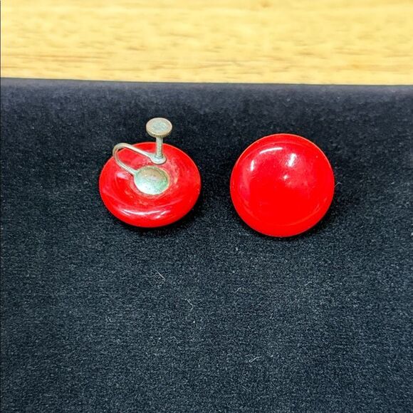 Vintage Red Button Earrings - Picture 2 of 2